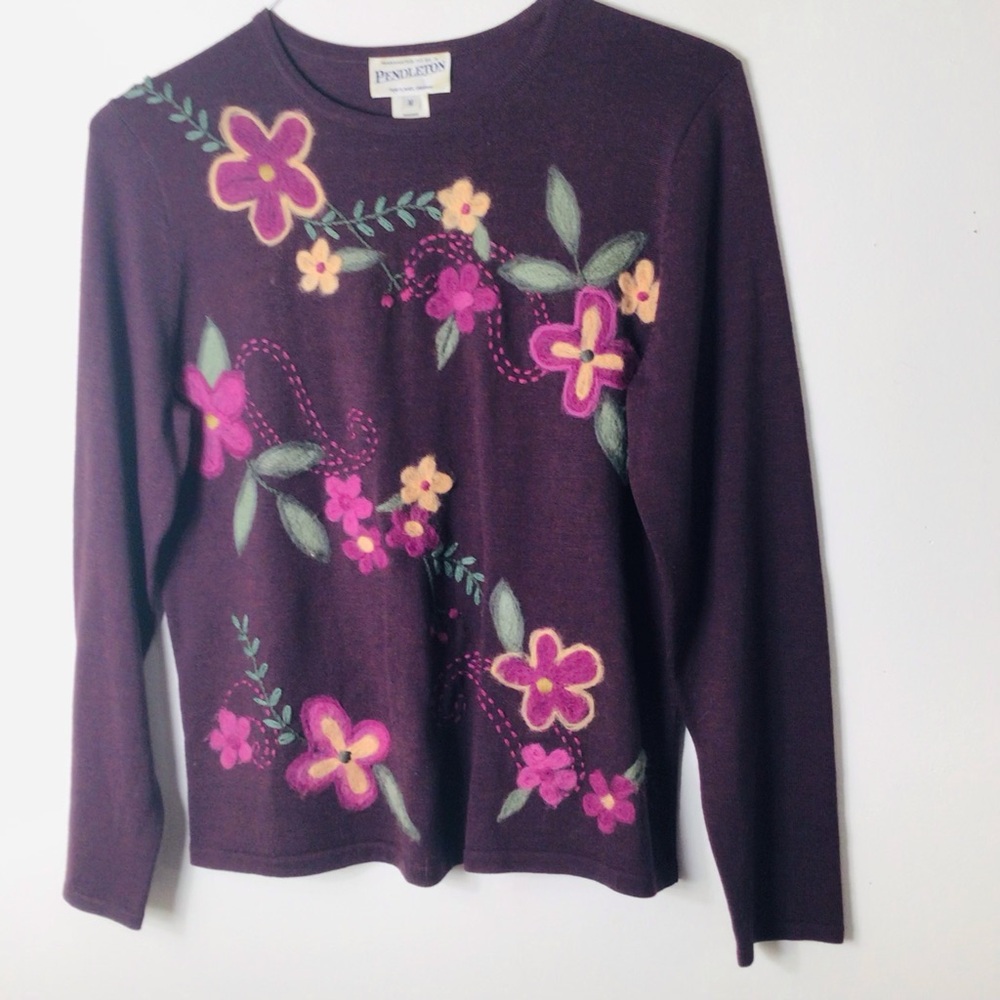 Pendleton Women's Plum Floral Embroidered wool medium sweater